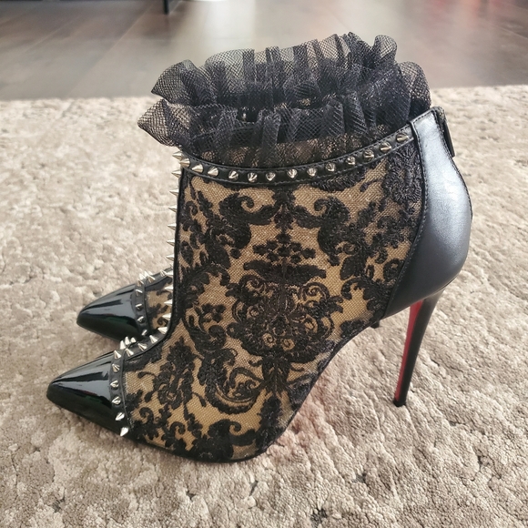 Christian Louboutin Pigalla 100 Lace Tulle Spiked Studded Boot 37.5 - Picture 7 of 13